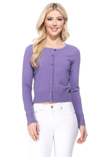 Gem Button Crew Neck Long Sleeve Sweater Cardigan Sizes S-XL