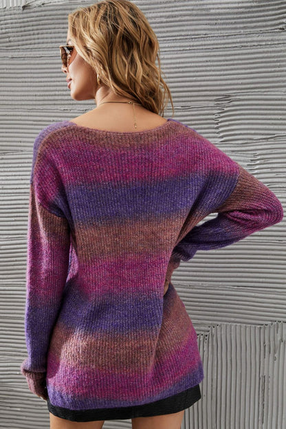 Multicolored Rib-Knit V-Neck Knit Pullover S-XL