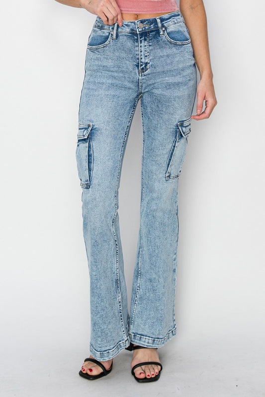 RISEN Full Size High Rise Cargo Flare Jeans 0-3XL