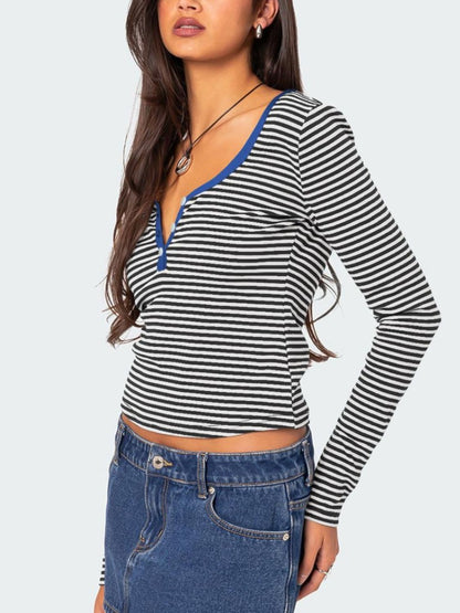 Buttoned Striped Long Sleeve T-Shirt Top S-XL