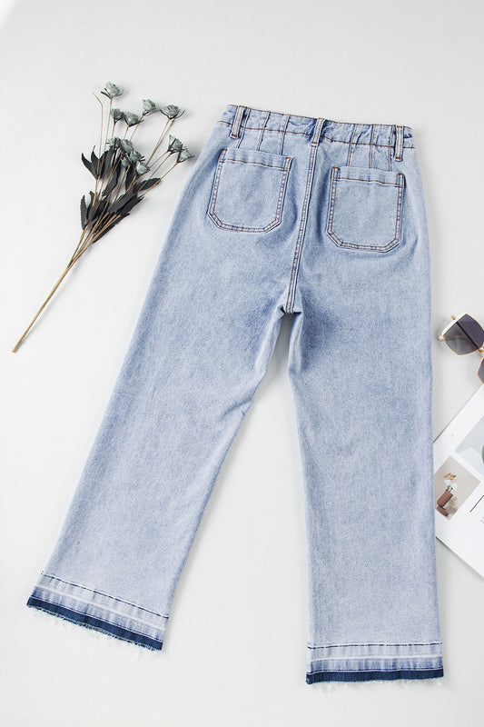 Raw Hem Straight Jeans with Pockets Size 8-16