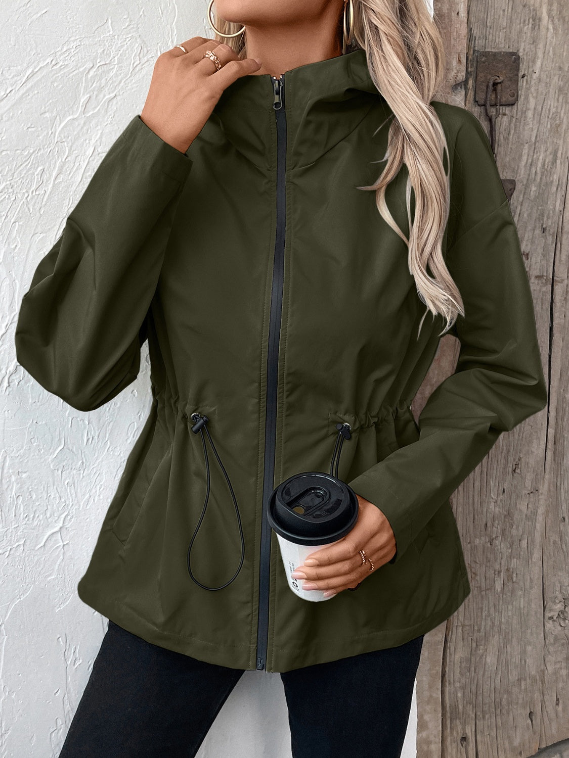 Ivy Lane Drawstring Zip Up Hooded Jacket S-2XL