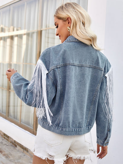 Tassel Button Up Dropped Shoulder Denim Jacket S-XL