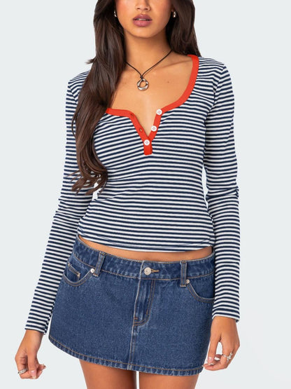 Buttoned Striped Long Sleeve T-Shirt Top S-XL