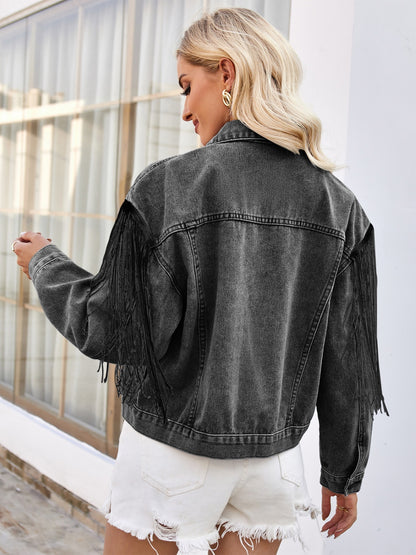 Tassel Button Up Dropped Shoulder Denim Jacket S-XL