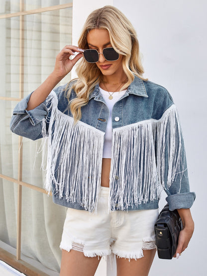 Tassel Button Up Dropped Shoulder Denim Jacket S-XL