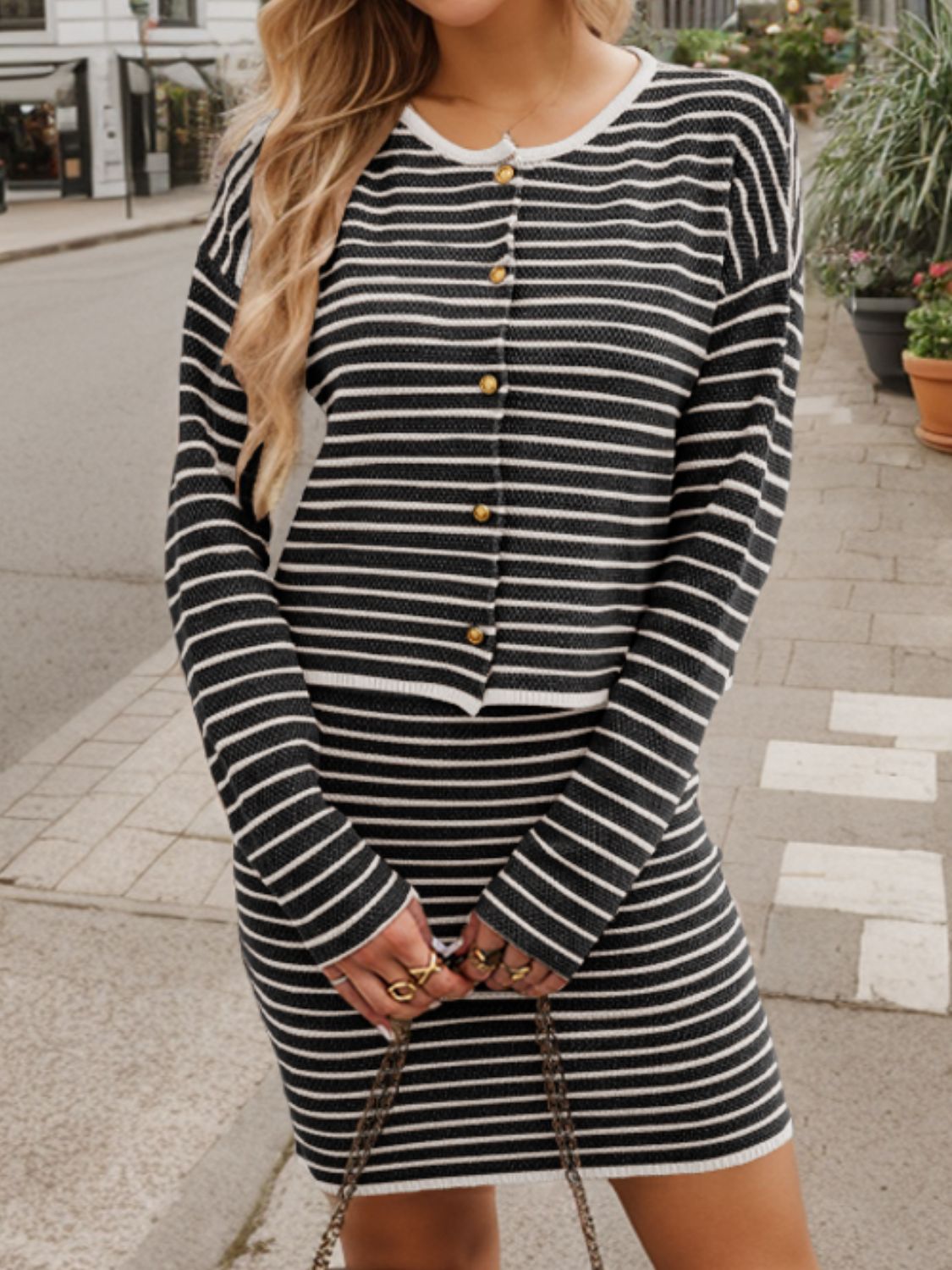 Striped Long Sleeve Top and Skirt Set S-XL