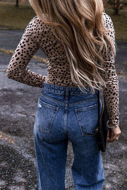 Animal Print Scoop Neck Long Sleeve Bodysuit Top S-XL