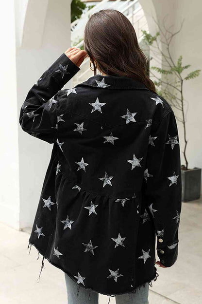 Collared Neck Star Print Long Sleeve Denim Jacket S-L